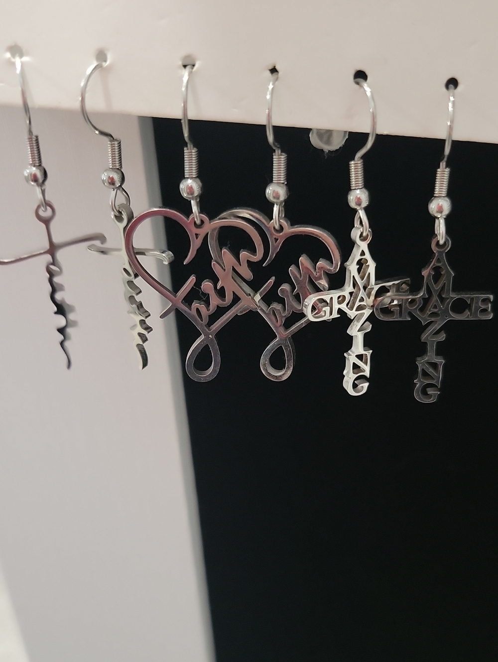3 Pair - Silver Script & Cross Dangle Earrings -